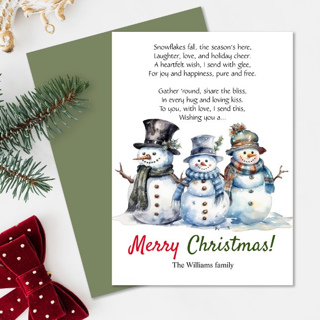 Merry Christmas Snowman Holiday Poem Greeting Card (Spread festive cheer with this 'Merry Christmas' snowmen greeting card featuring a heartfelt poem.)