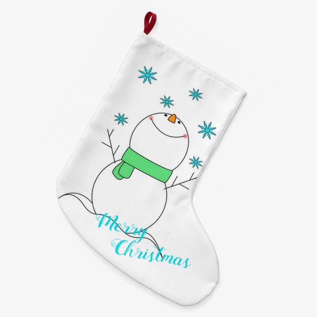 Merry Christmas Snowman Large Christmas Stocking (Front (Hanging))
