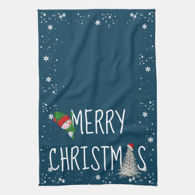 Merry Christmas Snowman On Blue Kitchen Towel (Vertical)