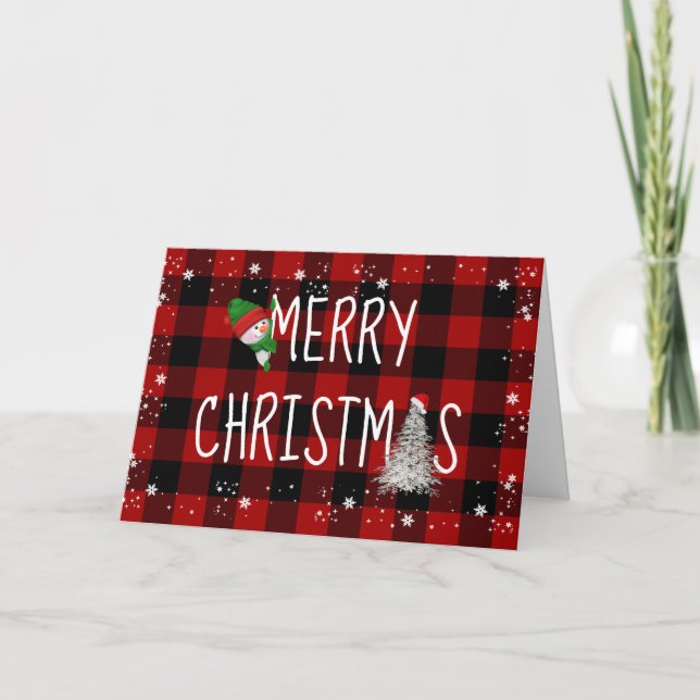 Merry Christmas Snowman on Buffalo Plaid  Holiday Card (Front)