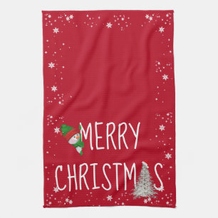 Merry Christmas Snowman On Red Tea Towel