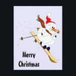 Merry Christmas Snowman On Skis Holiday Postcard<br><div class="desc">A cute snowman in a Santa hat on skis on light blue.</div>