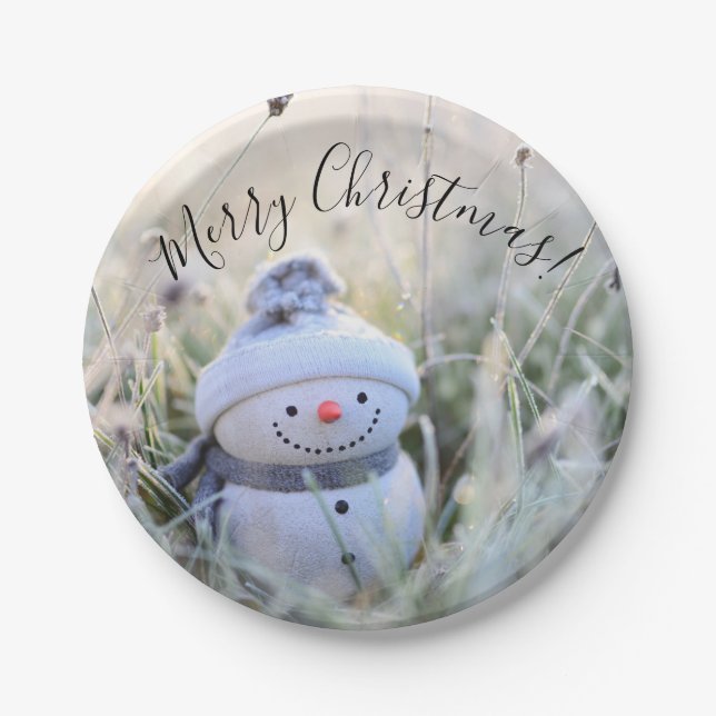 Merry Christmas Snowman Party Paper Plates (Front)