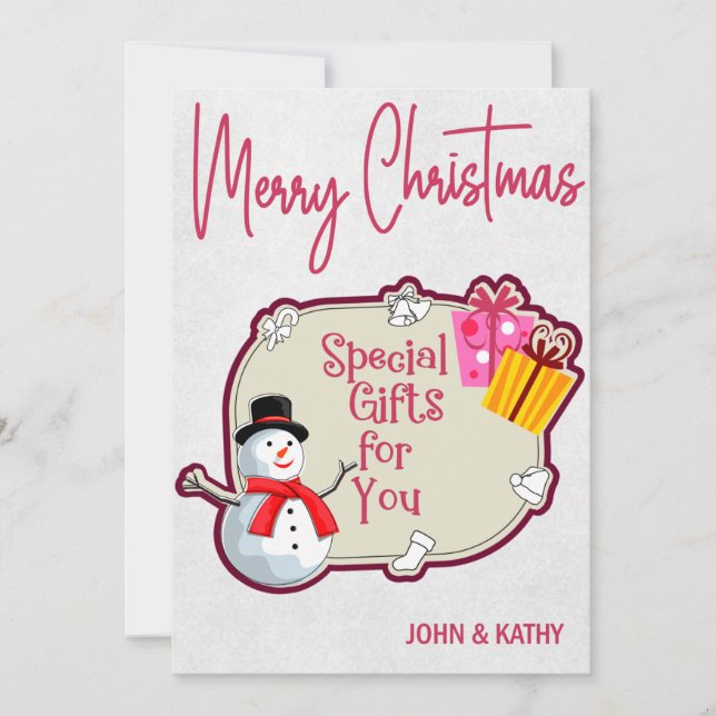 Merry Christmas Snowman Presents Holiday Card (Front)