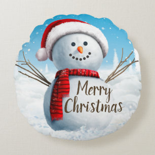 Merry Christmas Snowman Red Scarf Round Cushion
