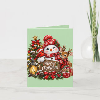 Merry Christmas Snowman Reindeer Red Cardinal Rust Holiday Card
