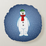Merry Christmas Snowman Round Cushion<br><div class="desc">The merry snowman wearing a green hat and a red scarf is ready for Christmas.</div>