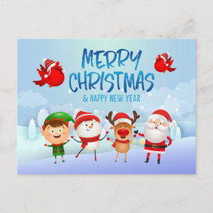 Merry Christmas Snowman Santa Claus Rudolph Elf Postcard