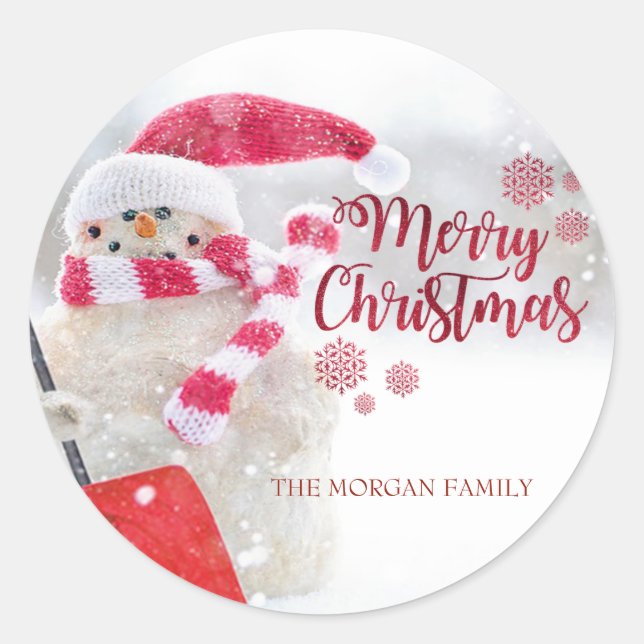 Merry Christmas, Snowman, Santa Hat - Personalised Classic Round Sticker (Front)