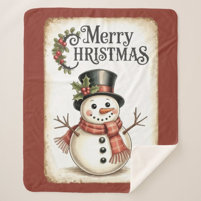 Merry Christmas Snowman Sherpa Blanket  (Front)