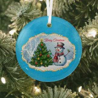 Merry Christmas Snowman Tree Cute Glass Tree Decoration