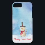Merry Christmas Snowman Waving And Smiling Case-Mate iPhone Case<br><div class="desc">Phone case with a cute snowman illustration. He is wearing a black stovepipe hat, holding a classic corn cob pipe, and wearing a red scarf. Standing in the cold white snow smiling and waving hello. The background is composed of a watercolor sky with blue and purple colours blending and mingling...</div>