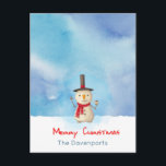 Merry Christmas Snowman Waving And Smiling Holiday Postcard<br><div class="desc">Postcard with a cute snowman illustration. He is wearing a black stovepipe hat, holding a classic corn cob pipe, and wearing a red scarf. Standing in the cold white snow smiling and waving hello. The background is composed of a blue watercolor sky. Text says Merry Christmas in a cute red...</div>