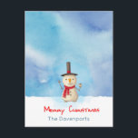 Merry Christmas Snowman Waving And Smiling Holiday Postcard<br><div class="desc">Postcard with a cute snowman illustration. He is wearing a black stovepipe hat, holding a classic corn cob pipe, and wearing a red scarf. Standing in the cold white snow smiling and waving hello. The background is composed of a blue watercolor sky. Text says Merry Christmas in a cute red...</div>