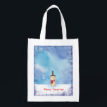 Merry Christmas Snowman Waving And Smiling Reusable Grocery Bag<br><div class="desc">A grocery bag with a cute snowman illustration. He is wearing a black stovepipe hat, holding a classic corn cob pipe, and wearing a red scarf. Standing in the cold white snow smiling and waving hello. The background is composed of a watercolor sky with blue and purple colours blending and...</div>