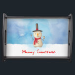 Merry Christmas Snowman Waving And Smiling Serving Tray<br><div class="desc">Serving tray with a cute snowman illustration. He is wearing a black stovepipe hat, holding a classic corn cob pipe, and wearing a red scarf. Standing in the cold white snow smiling and waving hello. The background is composed of a watercolor sky with blue and purple colours blending and mingling...</div>