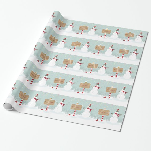 Merry Christmas Snowman Winter Scene Wrapping Paper (Unrolled)