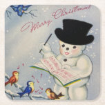 Merry Christmas Snowman With Birds Square Paper Coaster<br><div class="desc">Nice quality paper coasters with 1950's,  vintage,  design featuring a singing snowman with birds and caption Merry Christmas. This design may be transferred to other Zazzle products.</div>