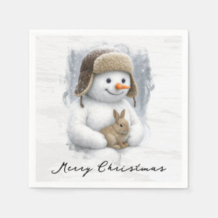 Merry Christmas Snowman With Bunny Napkin