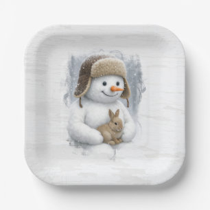 Merry Christmas Snowman With Bunny Paper Plate