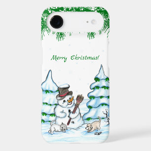 Merry Christmas! Snowman with Cat and Puppy
