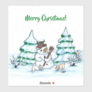 Merry Christmas! Snowman with Cat and Puppy