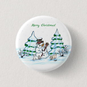 Merry Christmas! Snowman with Cat and Puppy 3 Cm Round Badge
