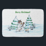 Merry Christmas! Snowman with Cat and Puppy Bath Mat<br><div class="desc">Merry Christmas! Snowman with Cat and Puppy - little Dog ~~~ coloured pencil drawing by Krisi ArtKSZP ~~~ Store Category >>> Merry Christmas for Kids >>> Snowman with Cat and Puppy</div>