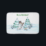 Merry Christmas! Snowman with Cat and Puppy Bath Mat<br><div class="desc">Merry Christmas! Snowman with Cat and Puppy - little Dog ~~~ coloured pencil drawing by Krisi ArtKSZP ~~~ Store Category >>> Merry Christmas for Kids >>> Snowman with Cat and Puppy</div>
