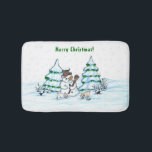 Merry Christmas! Snowman with Cat and Puppy Bath Mat<br><div class="desc">Merry Christmas! Snowman with Cat and Puppy - little Dog ~~~ coloured pencil drawing by Krisi ArtKSZP ~~~ Store Category >>> Merry Christmas for Kids >>> Snowman with Cat and Puppy</div>