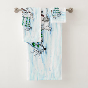 Merry Christmas! Snowman with Cat and Puppy Bath Towel Set