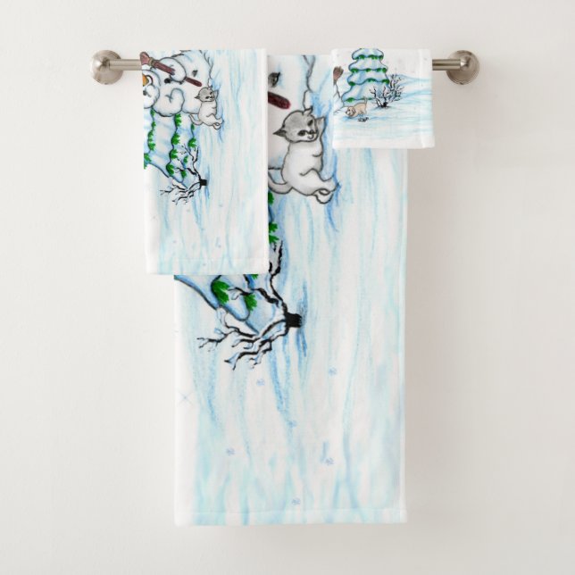 Merry Christmas! Snowman with Cat and Puppy Bath Towel Set (Insitu)
