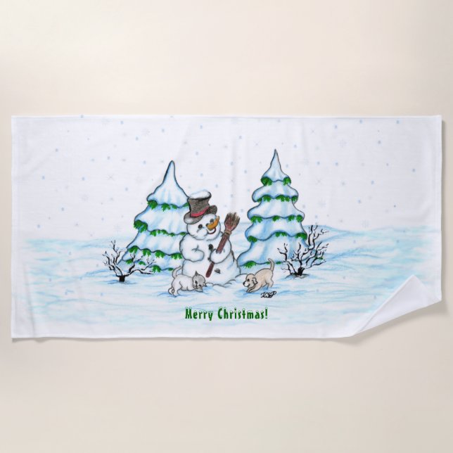 Merry Christmas! Snowman with Cat and Puppy Beach Towel (Front)