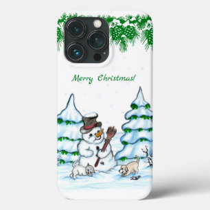 Merry Christmas! Snowman with Cat and Puppy iPhone 13 Pro Case