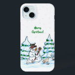 Merry Christmas! Snowman with Cat and Puppy iPhone 15 Mini Case<br><div class="desc">Merry Christmas! Snowman with Cat and Puppy - little Dog ~~~ coloured pencil drawing by Krisi ArtKSZP ~~~ Store Category >>> Merry Christmas for Kids >>> Snowman with Cat and Puppy</div>