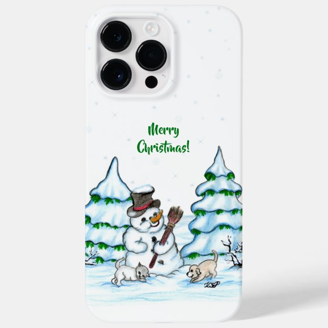 Merry Christmas! Snowman with Cat and Puppy Case-Mate iPhone Case (Back)