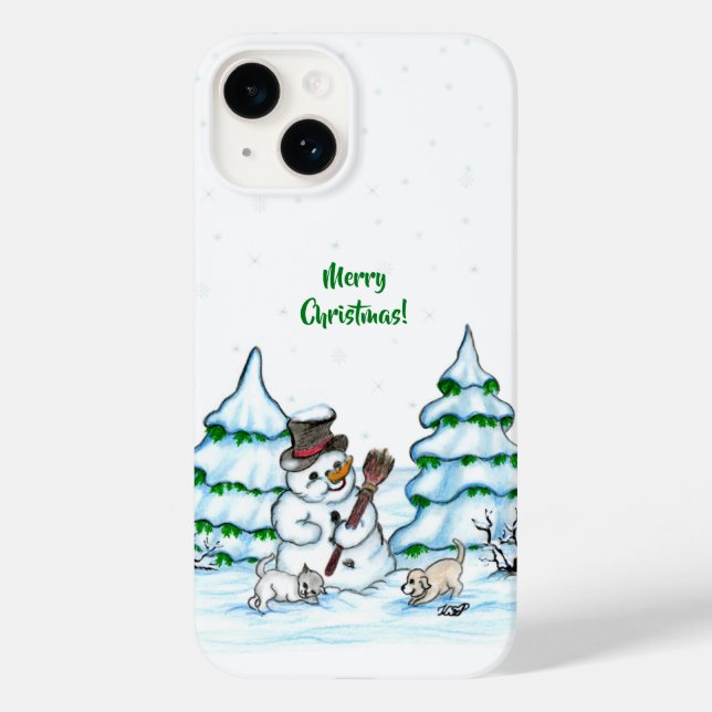 Merry Christmas! Snowman with Cat and Puppy Case-Mate iPhone Case (Back)