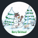 Merry Christmas! Snowman with Cat and Puppy Classic Round Sticker<br><div class="desc">Merry Christmas! Snowman with Cat and Puppy - little Dog ~~~ coloured pencil drawing by Krisi ArtKSZP ~~~ Store Category >>> Merry Christmas for Kids >>> Snowman with Cat and Puppy</div>