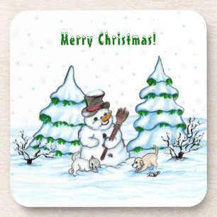 Merry Christmas! Snowman with Cat and Puppy Coaster