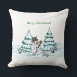 Merry Christmas! Snowman with Cat and Puppy Cushion<br><div class="desc">Merry Christmas! Snowman with Cat and Puppy - little Dog ~~~ coloured pencil drawing by Krisi ArtKSZP ~~~ Store Category >>> Merry Christmas for Kids >>> Snowman with Cat and Puppy</div>