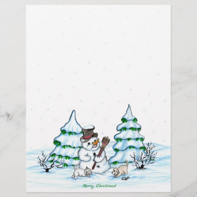 Merry Christmas! Snowman with Cat and Puppy Custom Letterhead (Front)