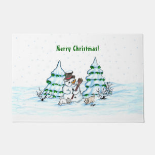 Merry Christmas! Snowman with Cat and Puppy Doormat