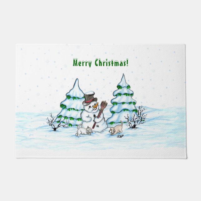 Merry Christmas! Snowman with Cat and Puppy Doormat (Front)