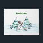 Merry Christmas! Snowman with Cat and Puppy Doormat<br><div class="desc">Merry Christmas! Snowman with Cat and Puppy - little Dog ~~~ coloured pencil drawing by Krisi ArtKSZP ~~~ Store Category >>> Merry Christmas for Kids >>> Snowman with Cat and Puppy</div>