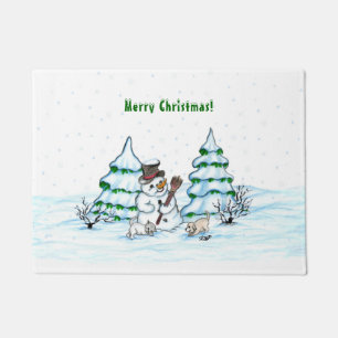Merry Christmas! Snowman with Cat and Puppy Doormat