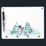 Merry Christmas! Snowman with Cat and Puppy Dry Erase Board With Key Ring Holder<br><div class="desc">Merry Christmas! Snowman with Cat and Puppy - little Dog ~~~ coloured pencil drawing by Krisi ArtKSZP ~~~ Store Category >>> Merry Christmas for Kids >>> Snowman with Cat and Puppy</div>