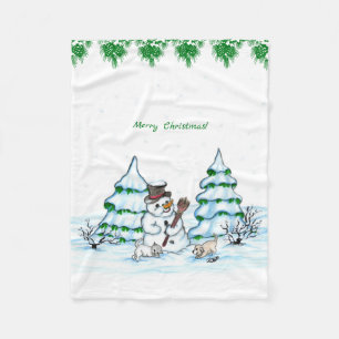 Merry Christmas! Snowman with Cat and Puppy Fleece Blanket