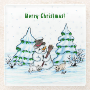 Merry Christmas! Snowman with Cat and Puppy Glass Coaster