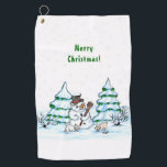 Merry Christmas! Snowman with Cat and Puppy Golf Towel<br><div class="desc">Merry Christmas! Snowman with Cat and Puppy - little Dog ~~~ coloured pencil drawing by Krisi ArtKSZP ~~~ Store Category >>> Merry Christmas for Kids >>> Snowman with Cat and Puppy</div>