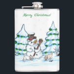 Merry Christmas! Snowman with Cat and Puppy Hip Flask<br><div class="desc">Merry Christmas! Snowman with Cat and Puppy - little Dog ~~~ coloured pencil drawing by Krisi ArtKSZP ~~~ Store Category >>> Merry Christmas for Kids >>> Snowman with Cat and Puppy</div>